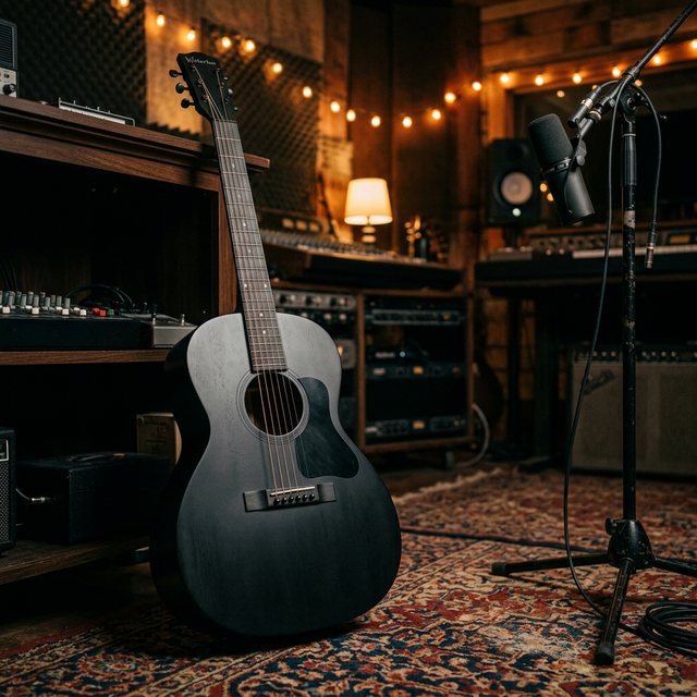 Phoebe Bridgers murdered out Waterloo WL-14 acoustic guitar in studio